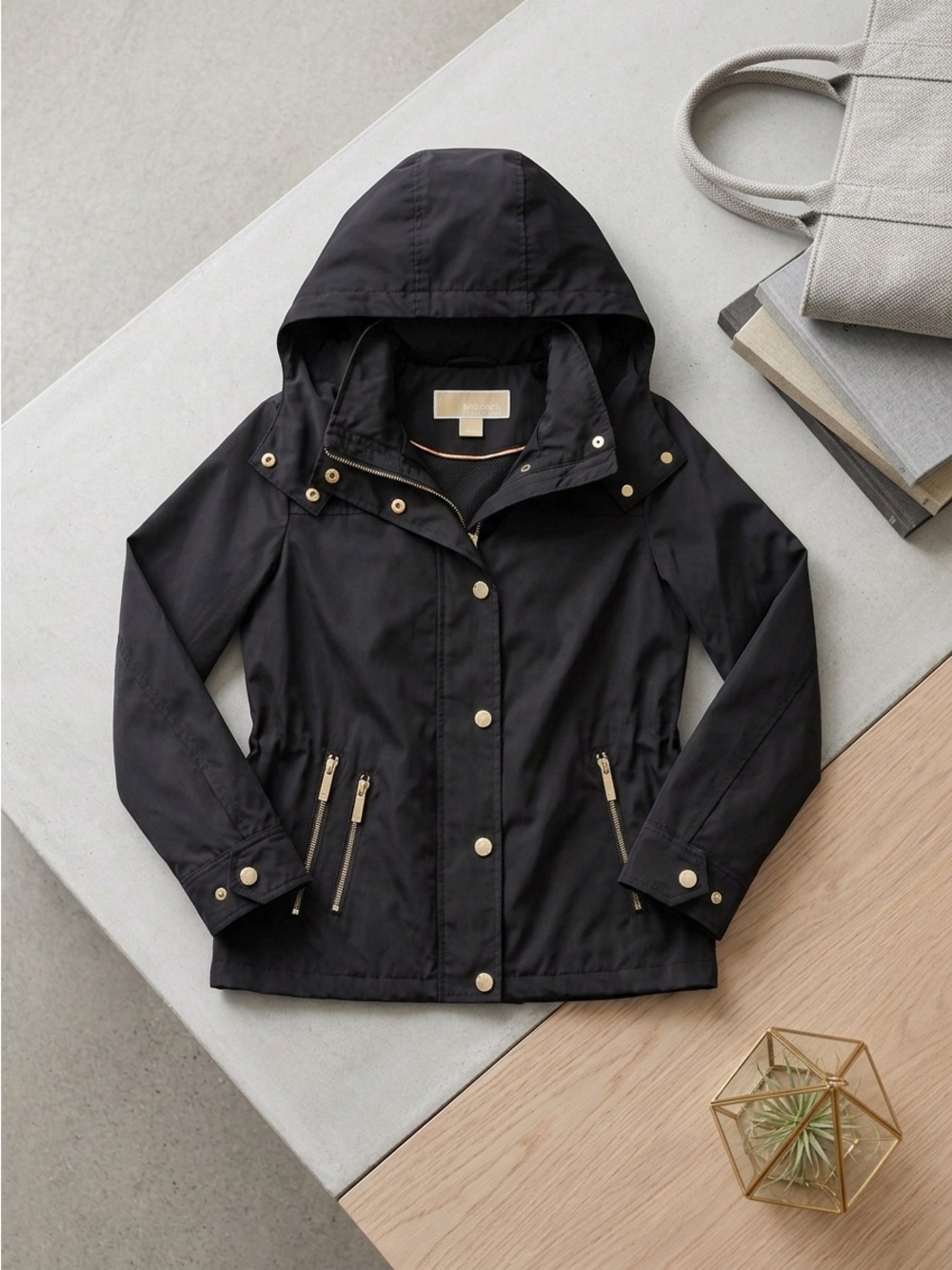 Michael Kors Womens Black Anorak Rain Jacket Hooded Utility Coat Gold Details XS